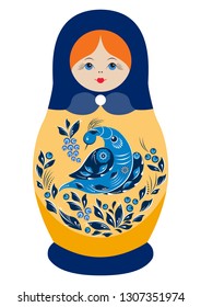 Traditional souvenir Russian floral folk matryoshka doll, Gorodets painting stylization. Birds and flowers, matryoshka babushka. Russian nesting doll girl with a smile. Isolated on white illustration