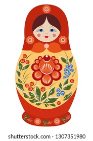 Traditional souvenir Russian floral folk matryoshka doll, Gorodets painting stylization. Birds and flowers, matryoshka babushka. Russian nesting doll girl with a smile. Isolated on white illustration