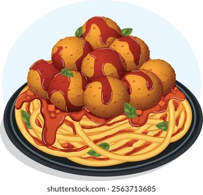 Traditional Spaghetti with Meatballs, Tomato Sauce and Basil. Italian Cuisine Detailed Illustration 