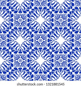 Traditional spain seamless pattern. Spanish ceramic blue decoration motif. Arabic ornament for fashion textile print. Luxury indigo vintage graphic element on white. Abstract vector lotus flower.