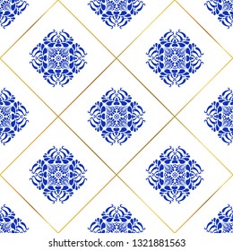 Traditional spain seamless pattern. Spanish ceramic blue decoration motif. Arabic ornament for fashion textile print. Luxury indigo vintage graphic element on white. Abstract vector lotus flower.