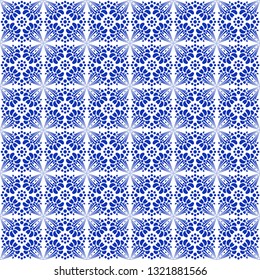 Traditional spain seamless pattern. Spanish ceramic blue decoration motif. Arabic ornament for fashion textile print. Luxury indigo vintage graphic element on white. Abstract vector lotus flower.