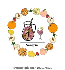 Traditional spanish alcohol drink.  Sangria. Hand drawn jug and glass of fresh homemade sangria in round frame of orange , peach, lemon, strawberry, apple. Vector
