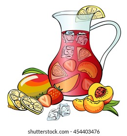 Traditional spanish alcohol drink Sangria with mango, peach, lemon, strawberry. Vector