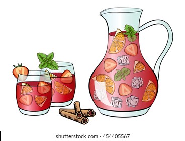 Traditional spanish alcohol drink Sangria with strawberry, orange, mint and cinnamon. Vector