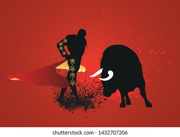 Traditional Spanish corrida. Toreador and bull silhouette, vector illustration