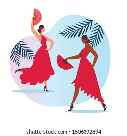 Traditional Spanish Dance Flat Vector Illustration. Beautiful Women in Elegant Red Dresses Cartoon Characters. Young Female Dancers Perform Flamenco. Spain Culture, Passionate Artistic Number