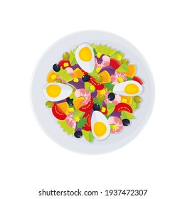 Traditional Spanish dish Mediterranean salad with shrimps, tomatoes, peppers, iceberg lettuce,  corn, olives and egg. Vector illustration isolated on white, cartoon, icon, symbol, object