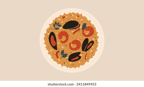 Traditional Spanish dish Paella on a plate. Vector illustration. 