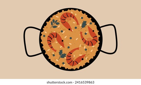 Traditional Spanish dish Paella on a frying pan. Food banner. Vector illustration in hand draw style.