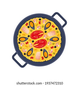 Traditional Spanish dish paella with shrimps, mussels, lobster, vegetables. Vector illustration isolated, cartoon, icon, symbol, object, sticker, design element for menu, poster, banner, packaging