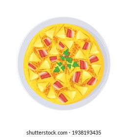 Traditional Spanish dish tortilla with fried potatoes, onions and jamon on a plate, top view. Spanish cuisine, healthy delicious food, appetizer. Vector illustration, cartoon, icon, symbol, sticker