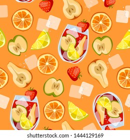 Traditional spanish drink. Sangria.  Seamless background pattern. Vector illustration. 