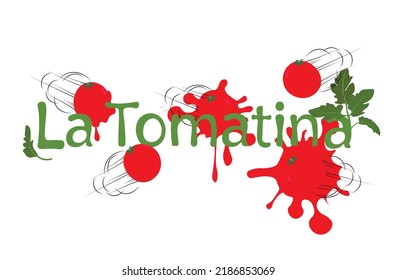 Traditional Spanish festival La Tomatina . In August in the Spanish city of Bunyola, Valencia. The annual Battle of Tomatoes festival. Vector stock illustration. Isolated on a white background.