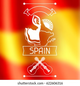 Traditional spanish flamenco. Spain background design on blurred flag.