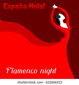 Traditional spanish flamenco. Woman in red dress is dancing.