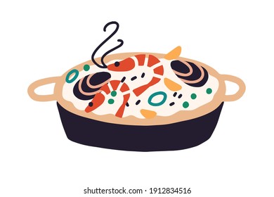 Traditional Spanish food with rice, seafood and vegetables. Paella dish with shrimps and mussels. Colored flat vector illustration isolated on white background