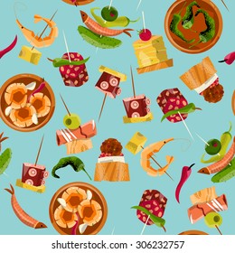 Traditional spanish food. Selection of tapas. Seamless background pattern. Vector illustration