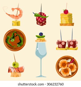 Traditional Spanish Food. Selection Of Tapas. Vector Illustration