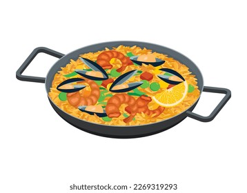 Traditionelle spanische Paella-Schale Vektorgrafik. Paella-Pfanne-Symbol auf weißem Hintergrund. Reis mit Meeresfrüchten und Gemüse Grafikdesign Element. Spanisches Gericht mit Miesmuscheln, Garnelen und Reiszeichnung