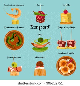 Traditional spanish snack. Selection of tapas. Vector illustration