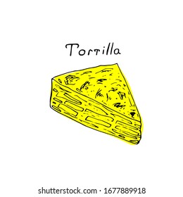 Traditional spanish snack yellow tortilla, vector illustration, hand drawing
