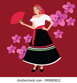 traditional spanish spain costume gypsy girl woman wearing wearing dress white black