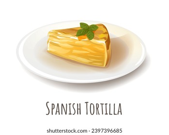 Traditional Spanish tortilla or omelet. Isolated plate with dish made with eggs, potatoes and onions. Casual lunch or part of dinner. Meal for balanced nutrition and dieting. Vector in flat style