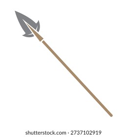 A traditional spear with a sharp metal point and fletching on a wooden shaft