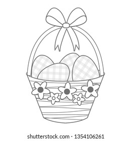 Traditional, spring, Easter basket with bow decorated with eggs: coloring isolated on white background