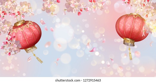 Traditional spring festival background with flying petals and silk lanterns. Flowers and petals in the wind. Chinese New Year background