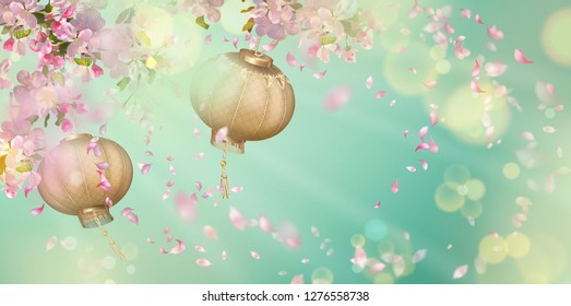 Traditional spring festival background with flying petals and silk lanterns. Flowers and petals in the wind. Chinese New Year background