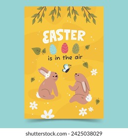 Traditional spring festival poster with bunnies and branches. Easter flyer invitation with handwritten lettering and eggs. Banner template design. Easter in the air hand drawn flat vector illustration