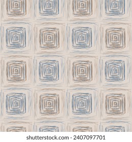 Traditional square spiral seamless tile pattern in light natural tones. Colorful rustic geometric hand drawn print design