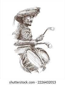 Traditional Sri Lankan dancers and musicians .Drummer is playing a Thammattama drum. line art Drawing.