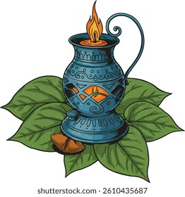 Traditional Sri Lankan Oil Lamp with Lit Wicks and Fresh Green Betel Leaves for Avurudu Celebration , Sinhala and Tamil New Year Design Vectors
