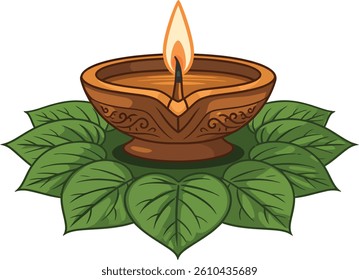 Traditional Sri Lankan Oil Lamp with Lit Wicks and Fresh Green Betel Leaves for Avurudu Celebration , Sinhala and Tamil New Year Design Vectors
