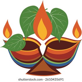 Traditional Sri Lankan Oil Lamp with Lit Wicks and Fresh Green Betel Leaves for Avurudu Celebration , Sinhala and Tamil New Year Design Vectors
