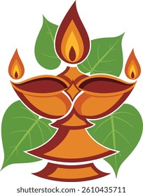 Traditional Sri Lankan Oil Lamp with Lit Wicks and Fresh Green Betel Leaves for Avurudu Celebration , Sinhala and Tamil New Year Design Vectors

