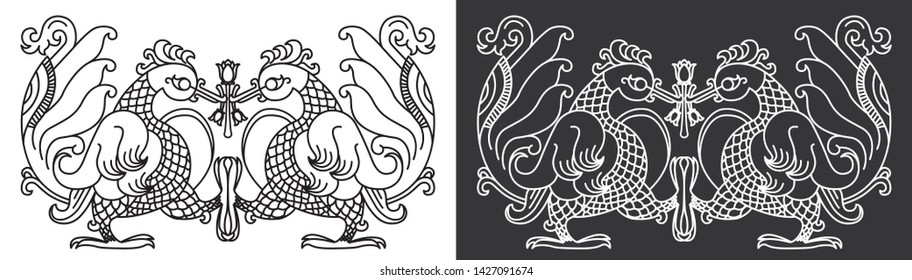 Traditional Sri Lankan wedding art Black Swan Vector. Wedding invitation & cake box decoration. South Asian pattern kissing swan fantasy pattern. Vector wood carvings 