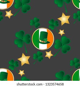 Traditional St. Patrick 's Day icons seamless pattern background: Icon of national flag of Ireland with metal golden frame, green shamrock clovers and golden stars. Vector EPS 10 illustration. 