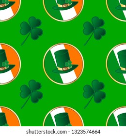 Traditional St. Patrick 's Day icons seamless pattern background: Icon of national flag of Ireland with metal golden frame, green shamrock clovers and cylinders. Vector EPS 10 illustration. 