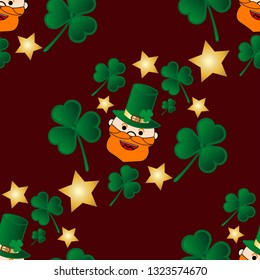 Traditional St. Patrick 's Day icons seamless pattern background: Face of happy leprechaun with green cylinder and red beard, green shamrock clovers and golden stars. Vector EPS 10 illustration. 