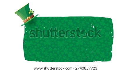 Traditional St. Patrick's Day horizontal banner featuring a green leprechaun hat with a gold buckle and a shamrock pattern. Festive Irish background with copy space for holiday greetings or pub event announcements.