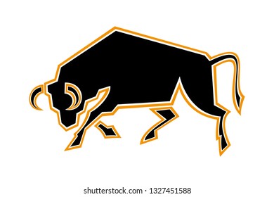 Traditional standing black Spanish bull silhouette with orange stroke. Corrida symbol