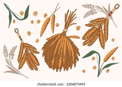 Traditional staple food millet illustration set, agricultural grain color block illustrations, totem bundled millet hand-painted.