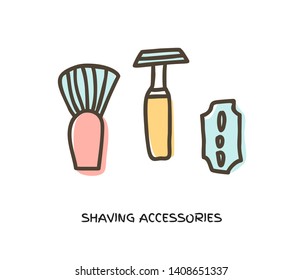 Traditional steel razor with hairy shaving brush doodle vector icon isolated in white. Barbershop concept