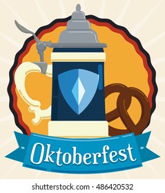 Traditional stein and delicious pretzel for Oktoberfest celebration decorated with a ribbon in flat style.