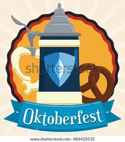Traditional stein and delicious pretzel for Oktoberfest celebration decorated with a ribbon in flat style.
