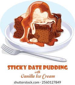 Traditional Sticky Date Pudding with Vanilla Ice Cream Scoop Served in Plate with Fork. Celebratory British Dessert Detailed Illustration.